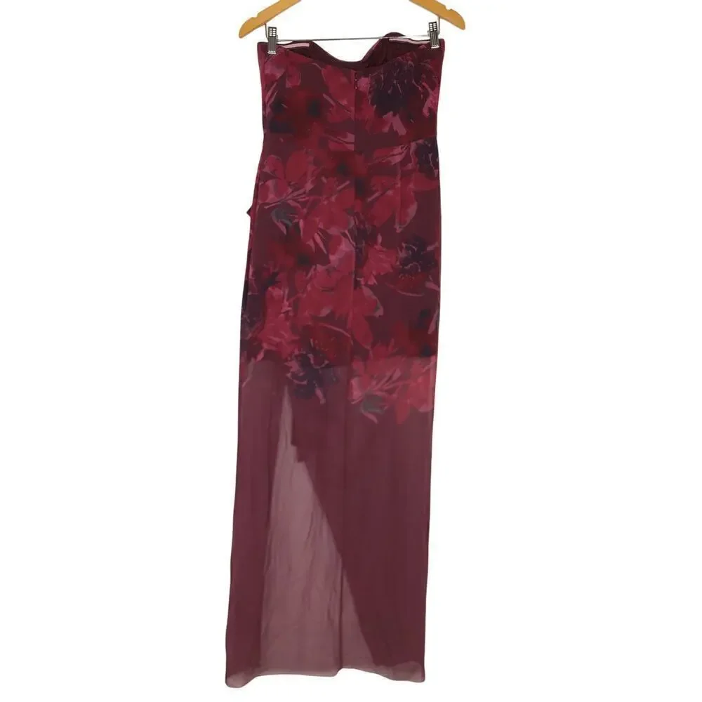 Badgley Mischka Strapless Dress Floral Print Bow Sweetheart Neck Maxi Gown Red 8